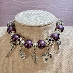 Wine-themed charm bracelet 925 silver and purple pearlized beads adjustable